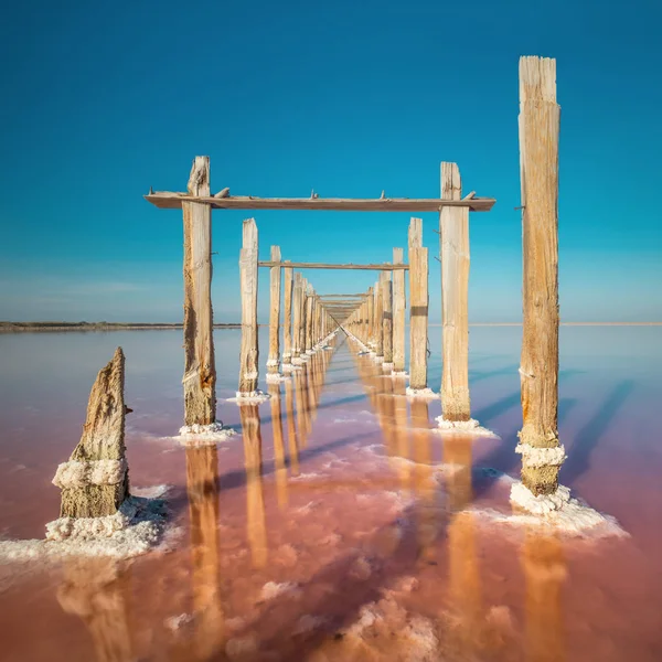 Дивовижний мінімалістичний пейзаж, якщо справжнє рожеве солоне озеро і — стокове фото