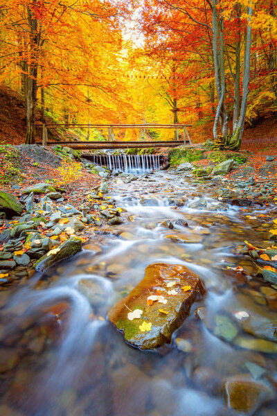 Autumn landscape - Old wooden bridge fnd river waterfall in colo