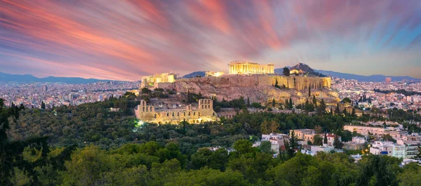 Panorâmica Acrópole Atenas Grécia Com Templo Partenon Com Luzes Durante — Fotografia de Stock