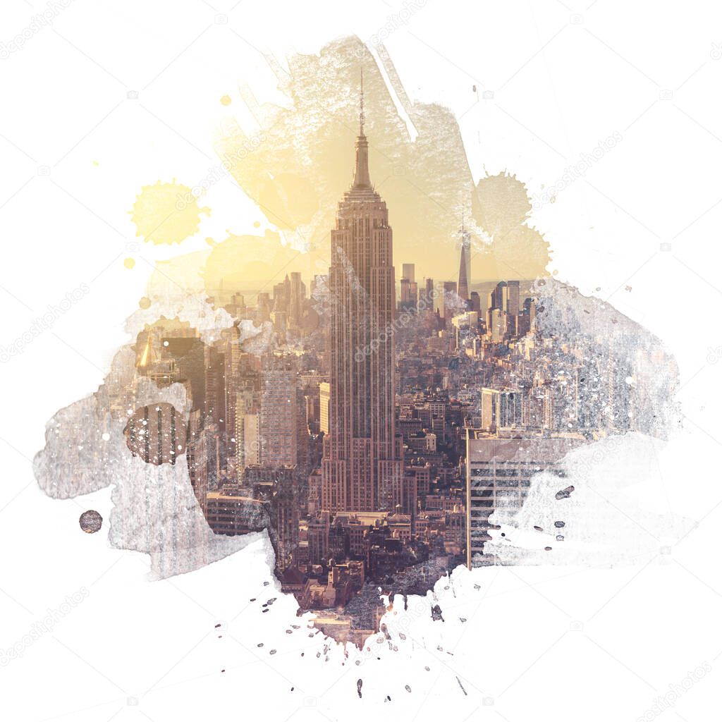 Watercolor artistic  style  Aerial view of Manhattan skyline at sunrise, New York City, USA. Isolated on white background