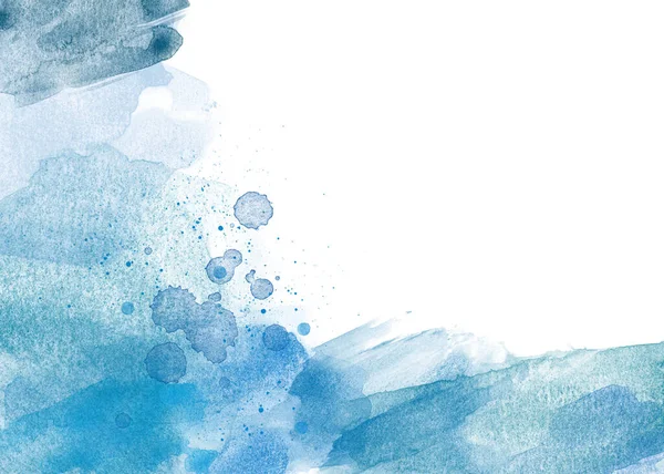 带水花灰点的白色蓝色抽象水彩画背面边框 — 图库照片