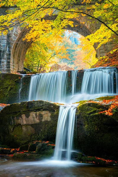Žlutý Podzim Podzimní Krajina Říční Vodopád Barevném Podzimním Lesním Parku — Stock fotografie