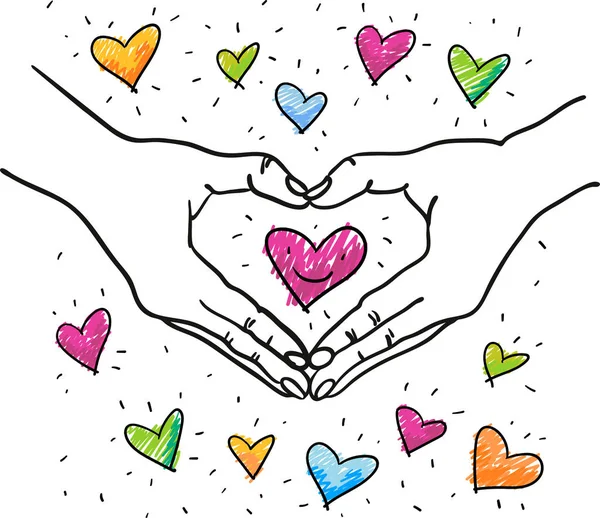 Renkli romantik bir kalp etrafında kalp şekli oluşturan eller - el çizilmiş vektör illüstrasyon - Sevgililer, Düğün, Nişan, Aşk kartları için uygundur