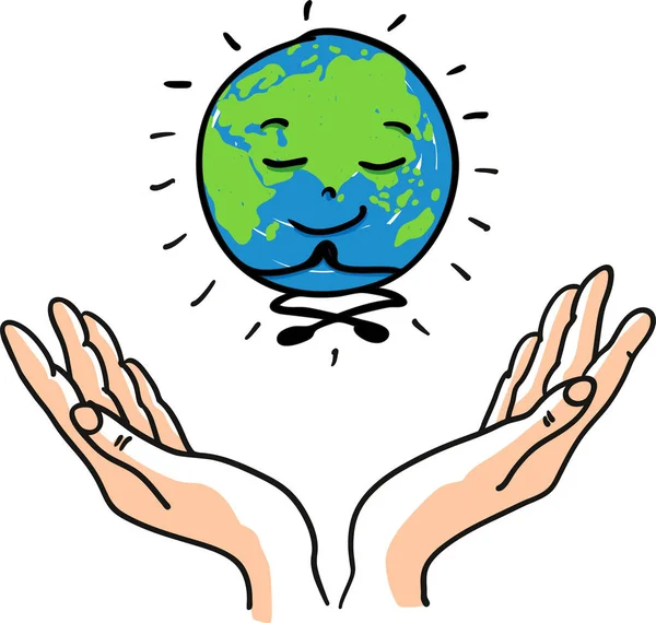 Happy Earth Day için mutlu gülümseyen meditasyon ve aydınlanmış dünya küre - el çizilmiş vektör illüstrasyon