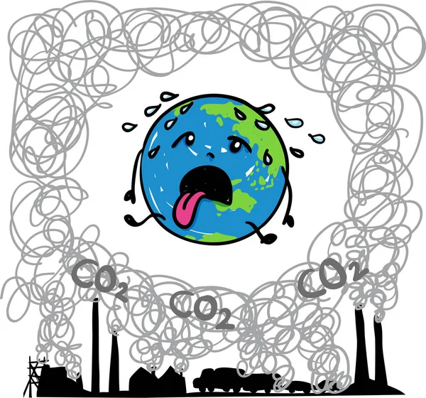 Küresel ısınma altında dünya küre sioksit ortasında erime acı - el çizilmiş vektör karikatür — Stok Vektör