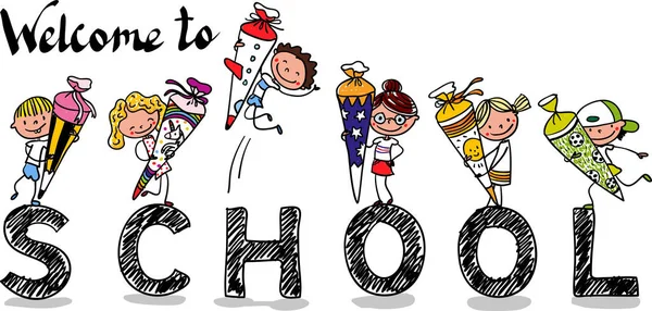 Inscrição - Primeiro dia de escola - Emocionantes alunos da primeira série com cones escolares - desenhos animados coloridos desenhados à mão —  Vetores de Stock