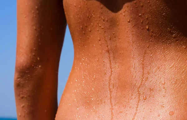 Güzel kız onu tabaklanmış ince sırt veya omurga, hala okyanusta banyo gelen su damlaları ile ıslak gösterir.