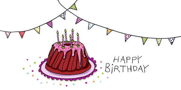 Bunte Handgezeichnete Horizontale Geburtstagskarte Mit Geburtstagstorte Mit Kerzen Und Lustigem — Stockfoto
