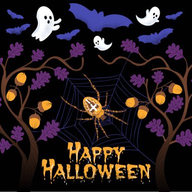 Instagram afişleri için siyah bir arkaplan oluşturulmadan önce gizemli bir ormanda hayalet, örümcek ve örümcek ağlarıyla Cadılar Bayramı kompozisyonun kutlu olsun. Vektör illüstrasyonu.