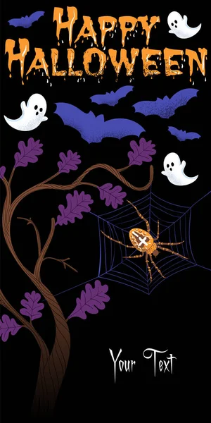 Hayalet yarasalar, hayalet, örümcek ve örümcek ağlarıyla dolu bir kompozisyonda Cadılar Bayramı 'nız kutlu olsun. Dikey afişler için siyah bir arka planda. Vektör illüstrasyonu.