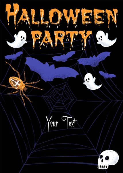 Halloween Party flyer with spooky bats, ghosts, skull, spider before a black background for vertical banners. Vector illustration. — Stock Vector