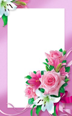 Greeting card with a bouquet of pink roses and lilies on a lilac background. Montage. clipart