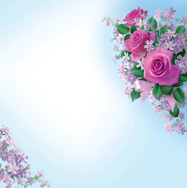 Greeting card with a bouquet of pink roses and small pink flowers on a blue background. Montage.