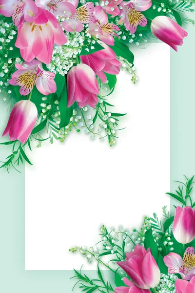 Открытка Весенними Цветами Розовые Тюльпаны Лилии Долины Альстромерии Приветствий Приглашений — стоковое фото