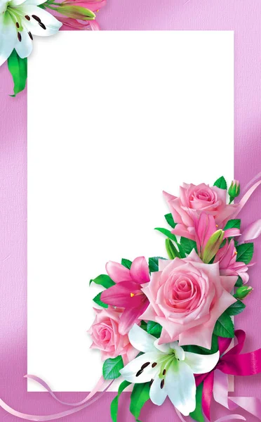 Carte Voeux Avec Bouquet Roses Lis Sur Fond Lilas Montage — Photo