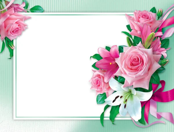 Hermosa Tarjeta Con Rosas Rosadas Lirios Blancos — Foto de Stock