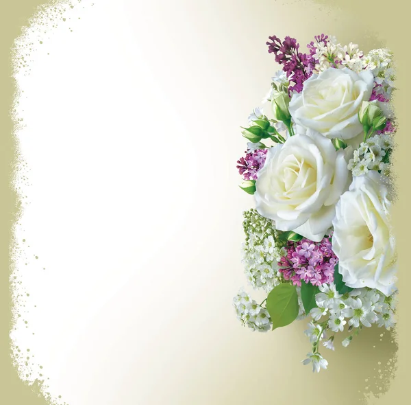 Krásná Pohlednice Bílými Růžemi Šeříkem — Stock fotografie