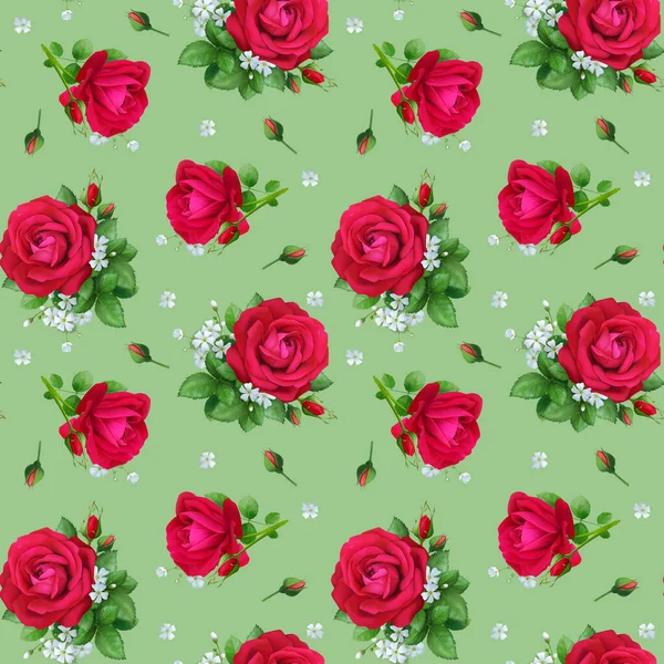 Μοτίβο Κόκκινων Τριαντάφυλλων Πράσινο Φόντο — Φωτογραφία Αρχείου
