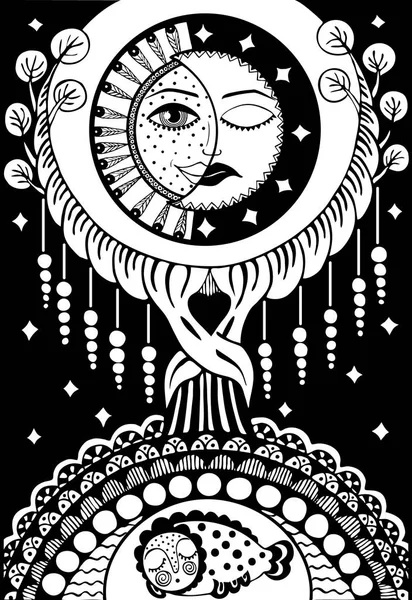 Forêt Magique Avec Des Poissons Endormis Soleil Lune Noir Blanc — Image vectorielle