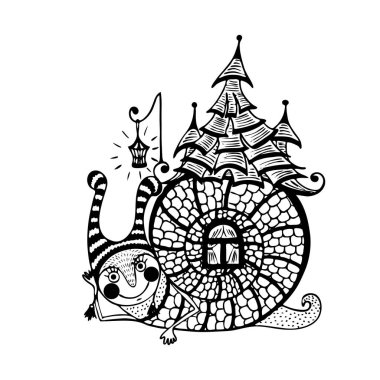 fun snail with a house on its back. black and white. vector clipart