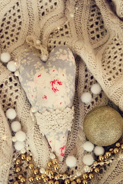 Textile Handmade Toy Big Heart Christmas Background Photo — Stock Photo, Image