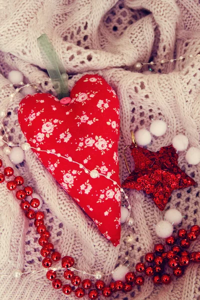 Textile Handmade Toy Big Red Heart Christmas Background Photo — Stock Photo, Image