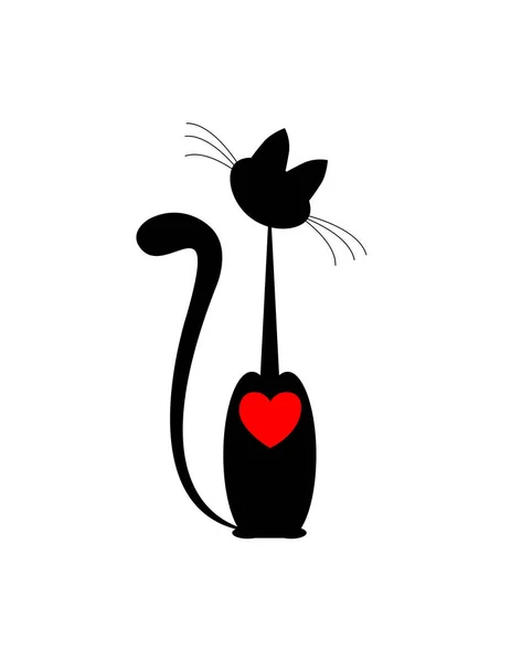 Gato negro y corazón rojo. vector. aislado — Vector de stock