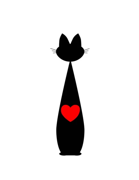 Schwarze Katze und rotes Herz. Vektor. isoliert — Stockvektor