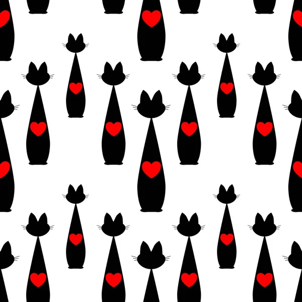 Patrón sin costuras con gato negro y corazón rojo. vector . — Vector de stock