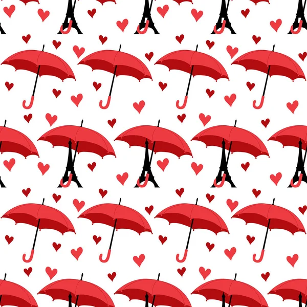 Naadloze patroon met Eiffeltoren met paraplu en harten. vector — Stockvector