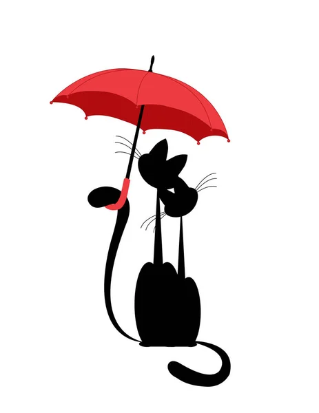 Liebt Katze und Katzendame unter einem roten Regenschirm. Vektor. isoliert — Stockvektor