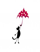 schwarze Katze fliegt auf einem roten Regenschirm. Vektorisolation.