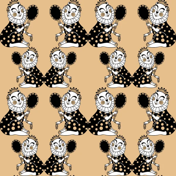 Seamless pattern with lady cat princess looks in the mirror. Vector. — Stock Vector