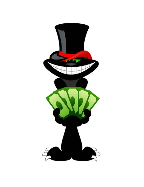 Black cat in hat with the dollar. vector — Stock Vector