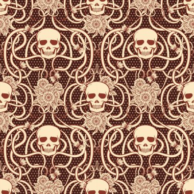 Kafatası art nouveau tarzında, vektör çizim ile sorunsuz çiçek desenli