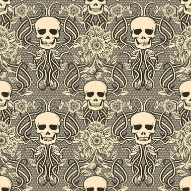 Kafatası ve art nouveau tarzında, vektör çizim çiçek ile Seamless modeli