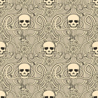 İle kafatası art nouveau tarzında, vektör çizim çiçek seamless modeli