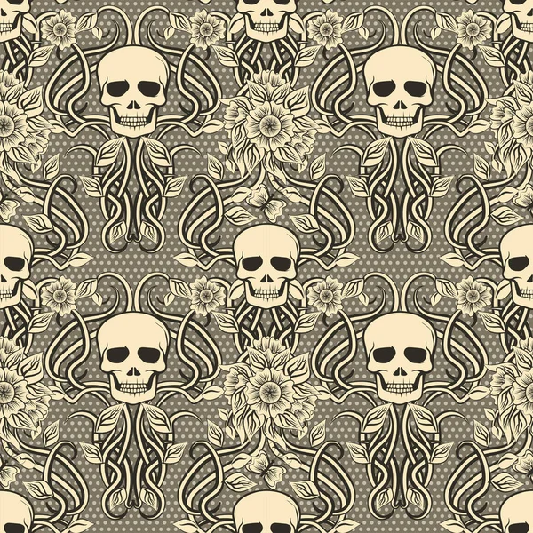 Seamless pattern with skull and flowers in art nouveau style, vector illustration