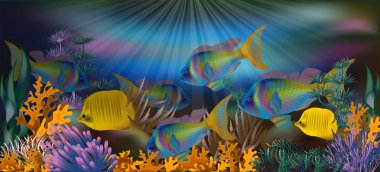 Tropikal balık, vektör çizim ile sualtı arka plan