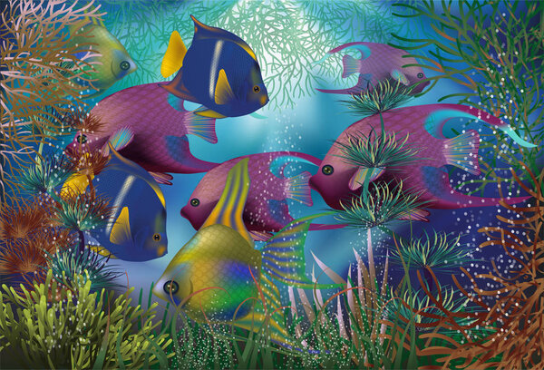 Underwater background with tropical fish, vector illustration