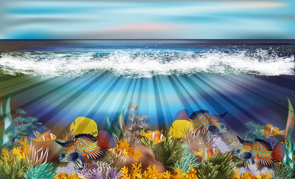 Onderwater Behang Met Tropische Vissen Vectorillustratie — Stockvector
