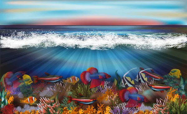 Latar Belakang Bawah Air Dengan Ikan Tropis Ilustrasi Vektor - Stok Vektor
