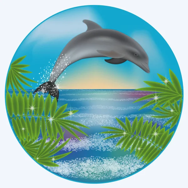 Onderwater Zonsopgang Kaart Met Dolfijn Palm Vectorillustratie — Stockvector