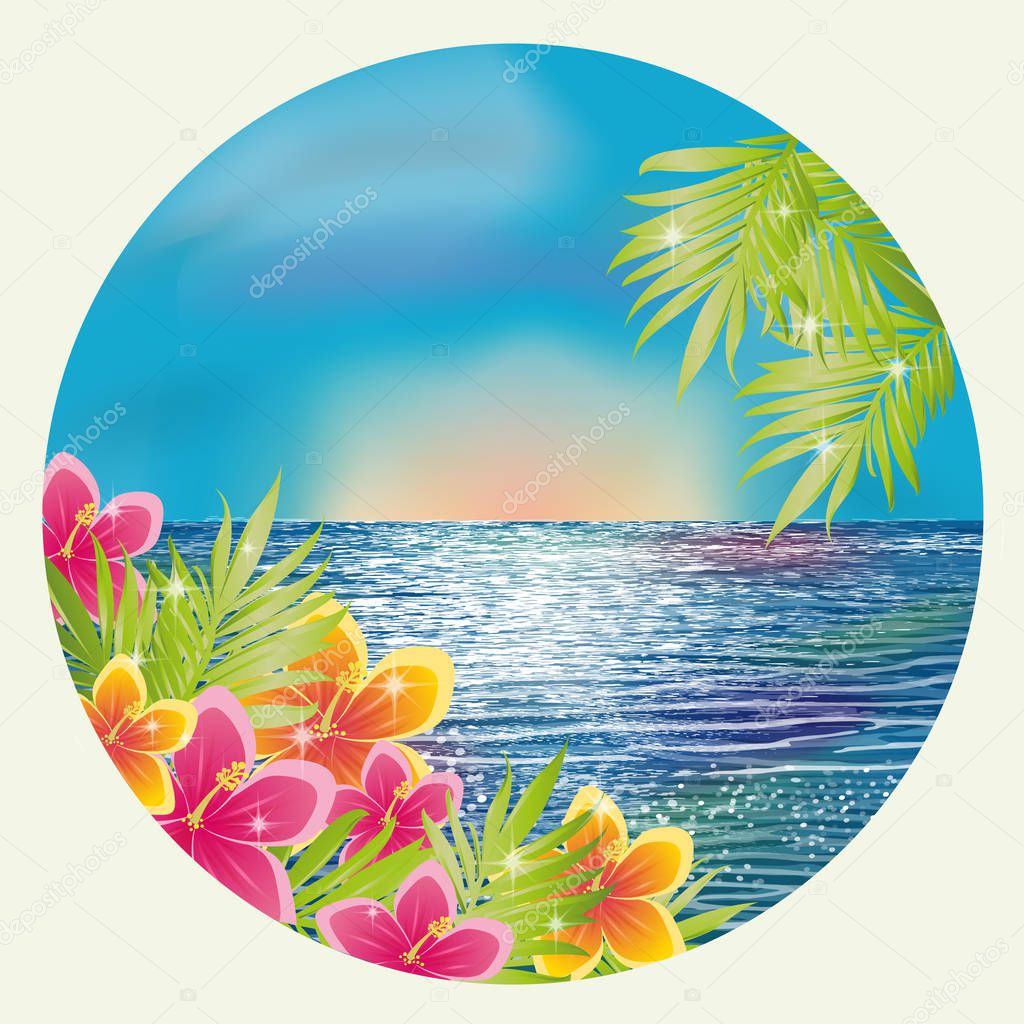 Sunrise card with hibiscus flowers and palms , vector illustration