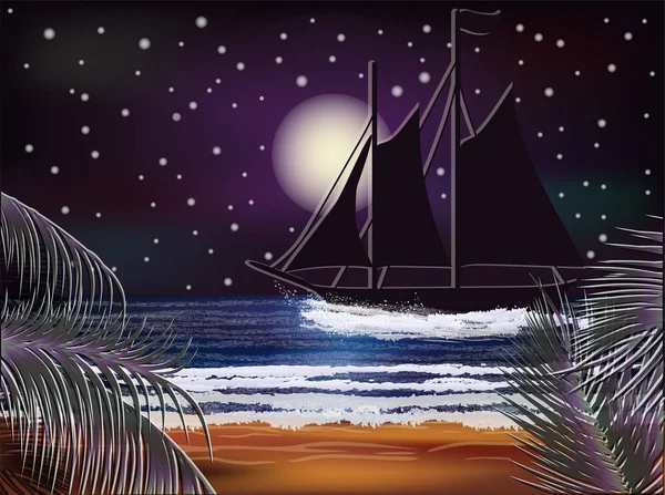 Fondo Tropical Nocturno Con Velero Ilustración Vectorial — Vector de stock