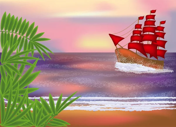 Carta Parati Tropicale Con Sacrlet Barca Vela Illustrazione Vettoriale — Vettoriale Stock