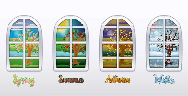 Чотири Сезони Вікна Шпалери Векторні Ілюстрації — стоковий вектор