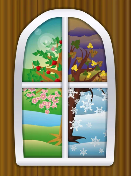 Vier Jahreszeiten Fenster Hintergrund Vektorillustration — Stockvektor