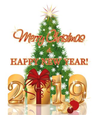 Mutlu altın 2019 yılbaşı hediye kartı, vektör çizim