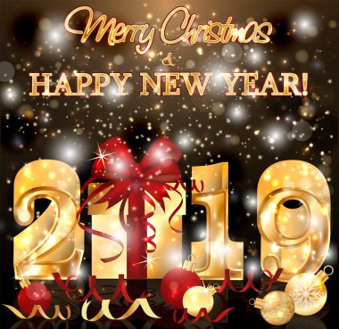 Mutlu yeni 2019 yılı altın arka plan, vektör çizim